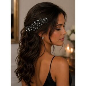 Black Crystal Rhinestone Filigree Barrette Hair Clip 4” Vintage Style